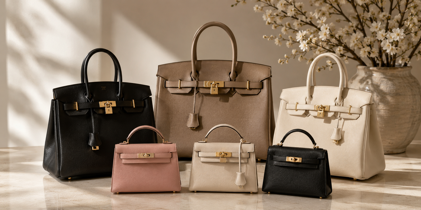 Five luxury leather handbags in assorted colors and sizes arranged on a marble surface with a vase of blossoms in the background. The bags include black, taupe, cream, and blush pink versions with gold-tone hardware.